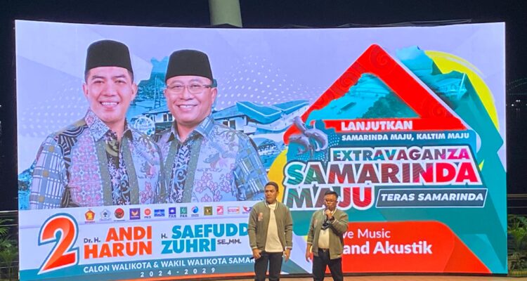 Pasangan calon (paslon) tunggal Walikota dan Wakil Walikota Samarinda, Andi Harun (AH) dan Syaefuddin Zuhri, pada saat menyampaikan visi dan misi mereka dalam acara bertajuk “Extravaganza Samarinda Maju 2024”.(dok.metroikn/Ra)